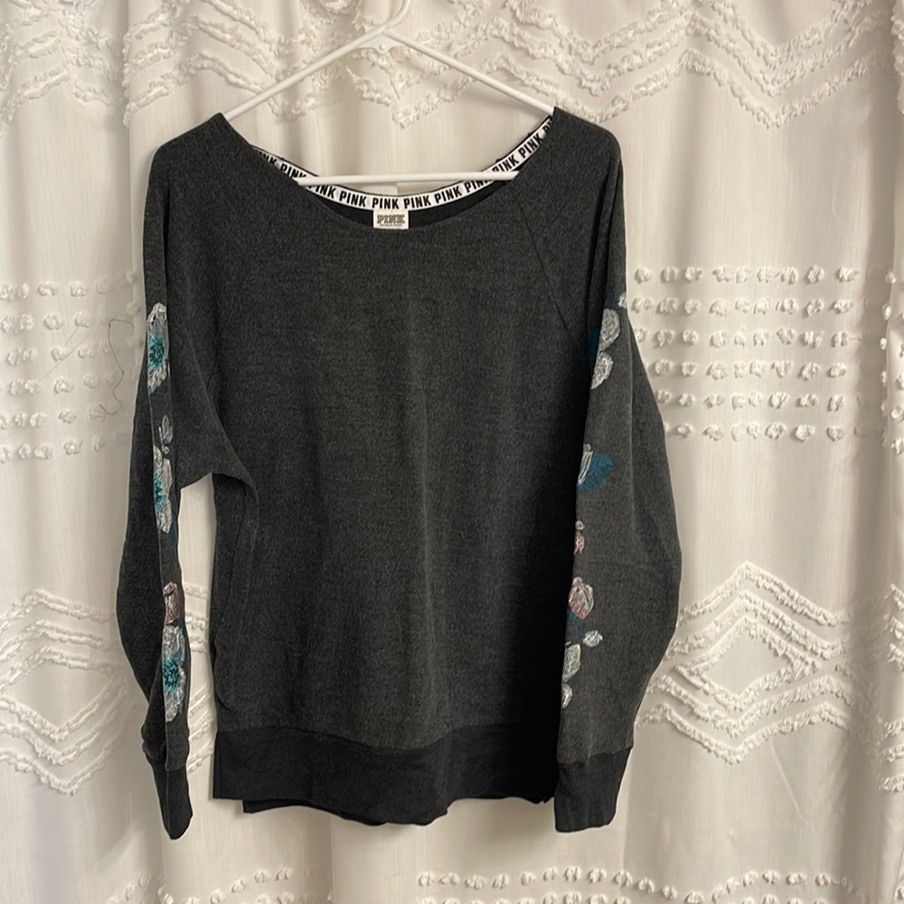 NWOT VS Pink Gray Open Neck Sweatshirt Embroidery S